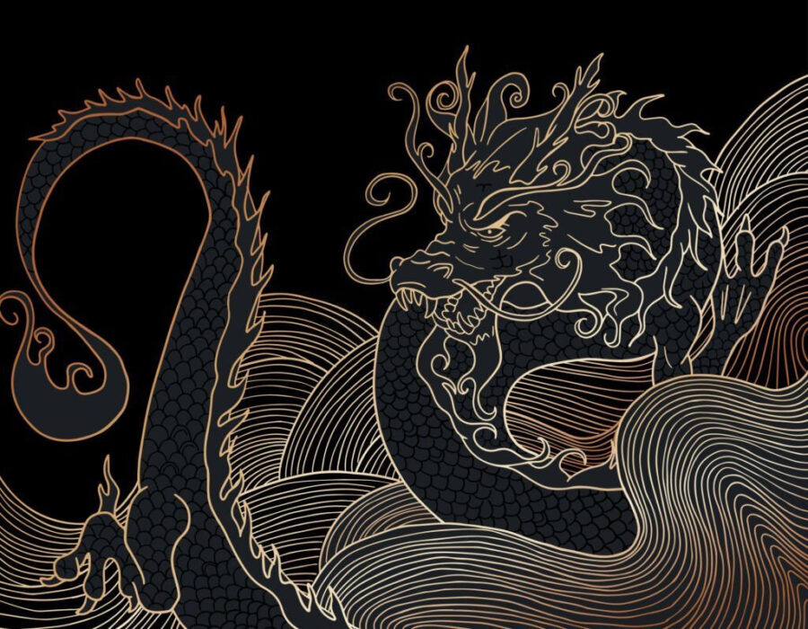 Dragon mystique tourbillonnant dans l'obscurité