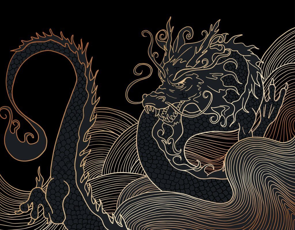 Dragon mystique tourbillonnant dans l'obscurité Dragon mystique tourbillonnant dans l'obscurité