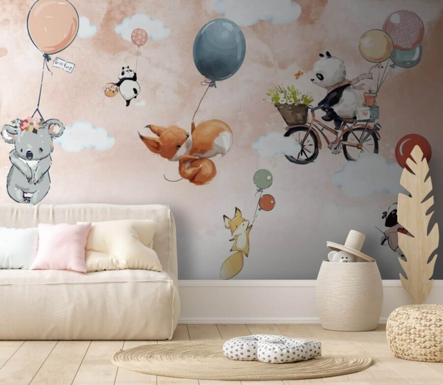 Animaux de dessins animés volant avec des ballons Animaux de dessins animés volant avec des ballons