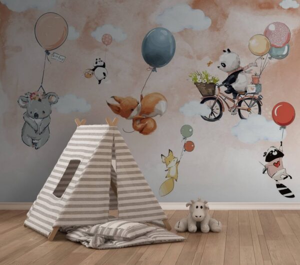 Animaux de dessins animés volant avec des ballons Animaux de dessins animés volant avec des ballons