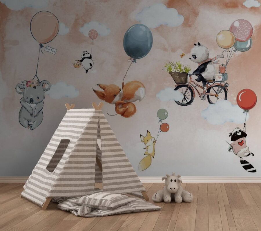 Animaux de dessins animés volant avec des ballons Animaux de dessins animés volant avec des ballons