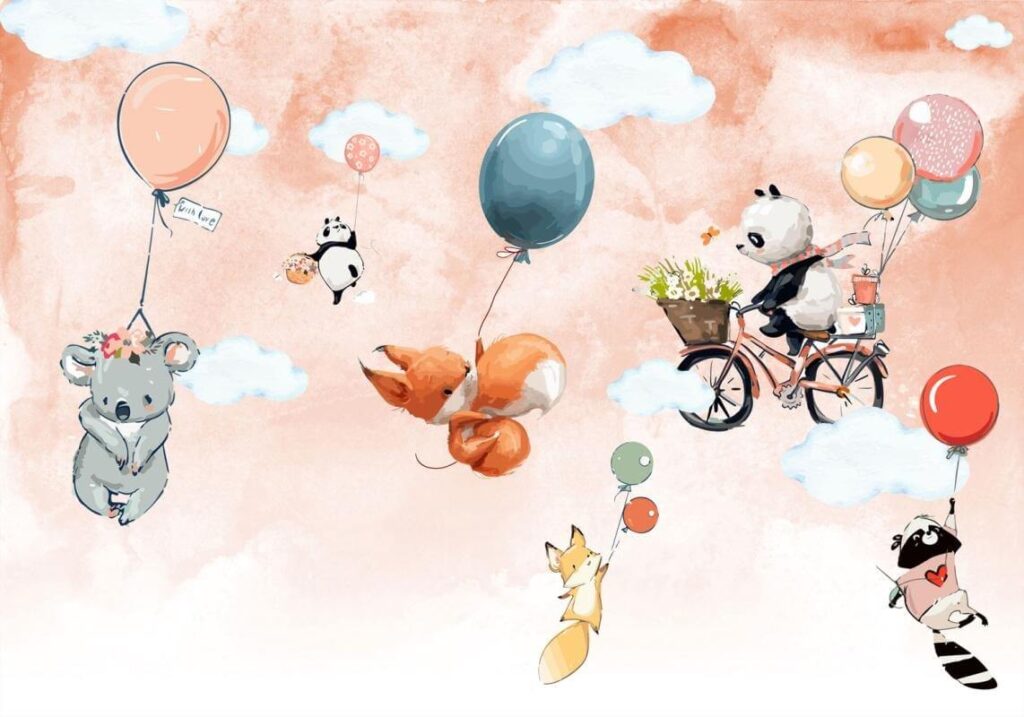 Animaux de dessins animés volant avec des ballons Animaux de dessins animés volant avec des ballons