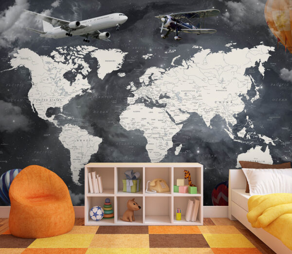 Carte du monde avec avions et montgolfières Carte du monde avec avions et montgolfières