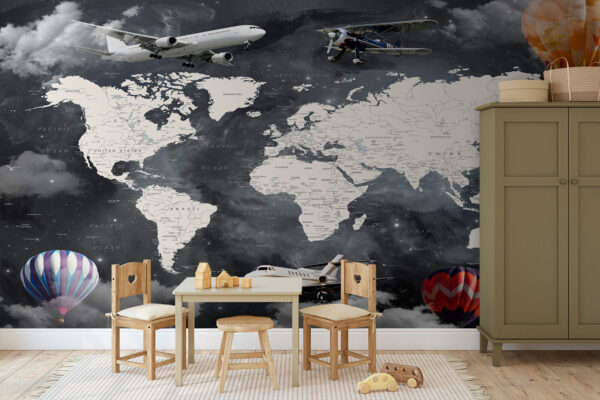 Carte du monde avec avions et montgolfières Carte du monde avec avions et montgolfières