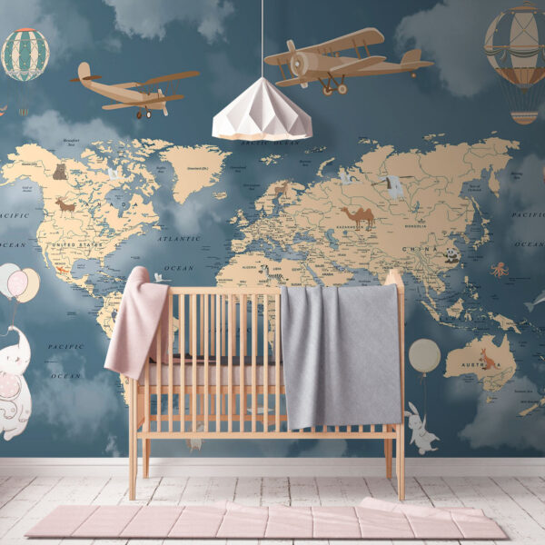 Carte du monde avec des avions et des ballons Carte du monde avec des avions et des ballons