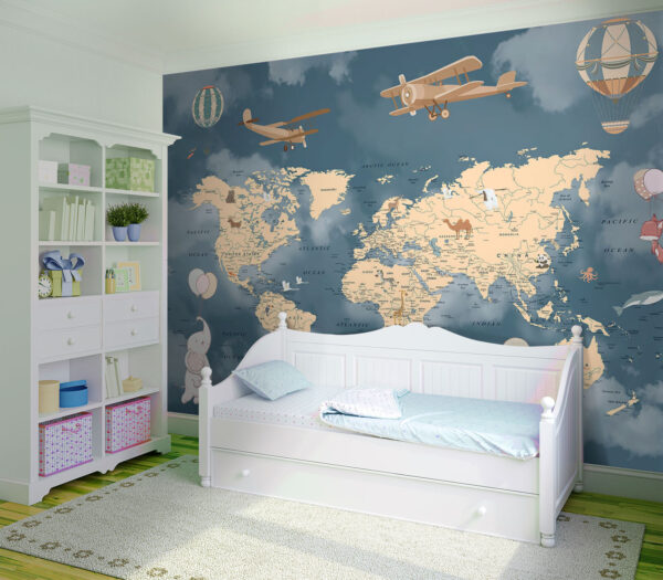 Carte du monde avec des avions et des ballons Carte du monde avec des avions et des ballons