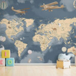 Papier peint Carte du monde avec des avions et des ballons