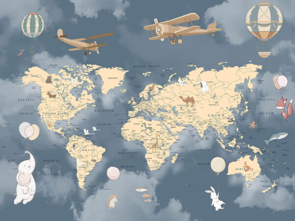 Carte du monde avec des avions et des ballons Carte du monde avec des avions et des ballons