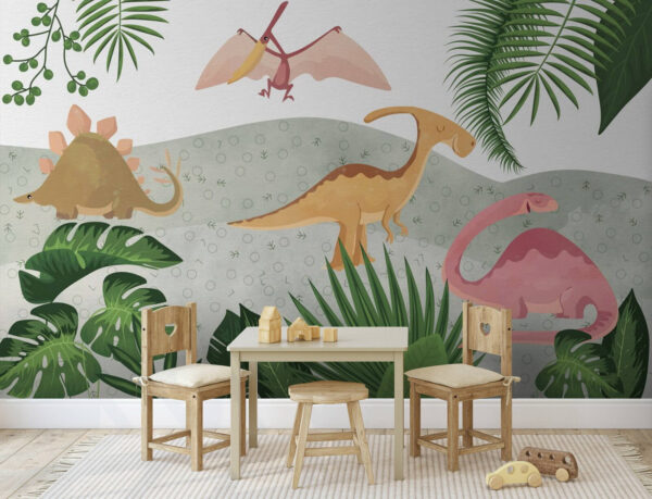 Papier peint Groupe de dinosaures avec des feuilles
