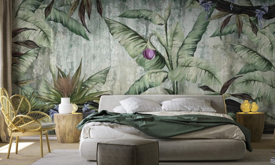 Papier peint avec un bananier et des fleurs
