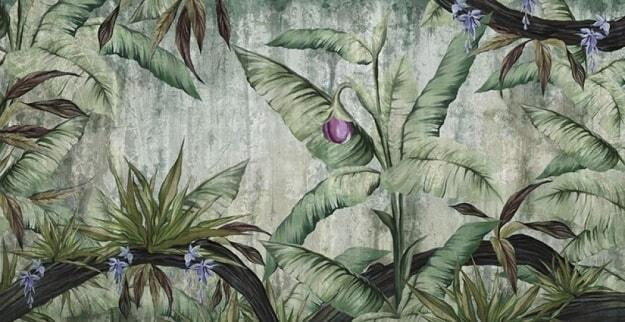 Papier peint avec un bananier et des fleurs