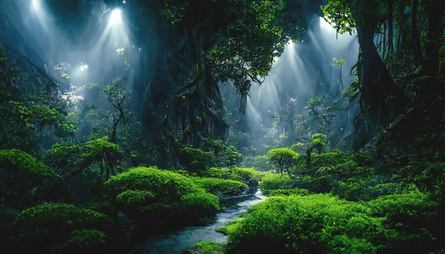 Ruisseau dans une forêt avec des arbres et des plantes Ruisseau dans une forêt avec des arbres et des plantes