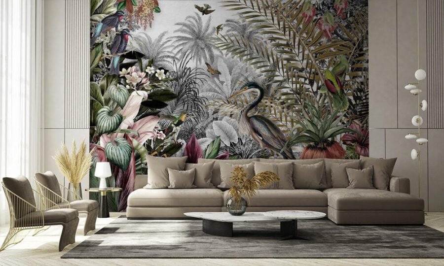 Peinture murale d'oiseaux et de fleurs