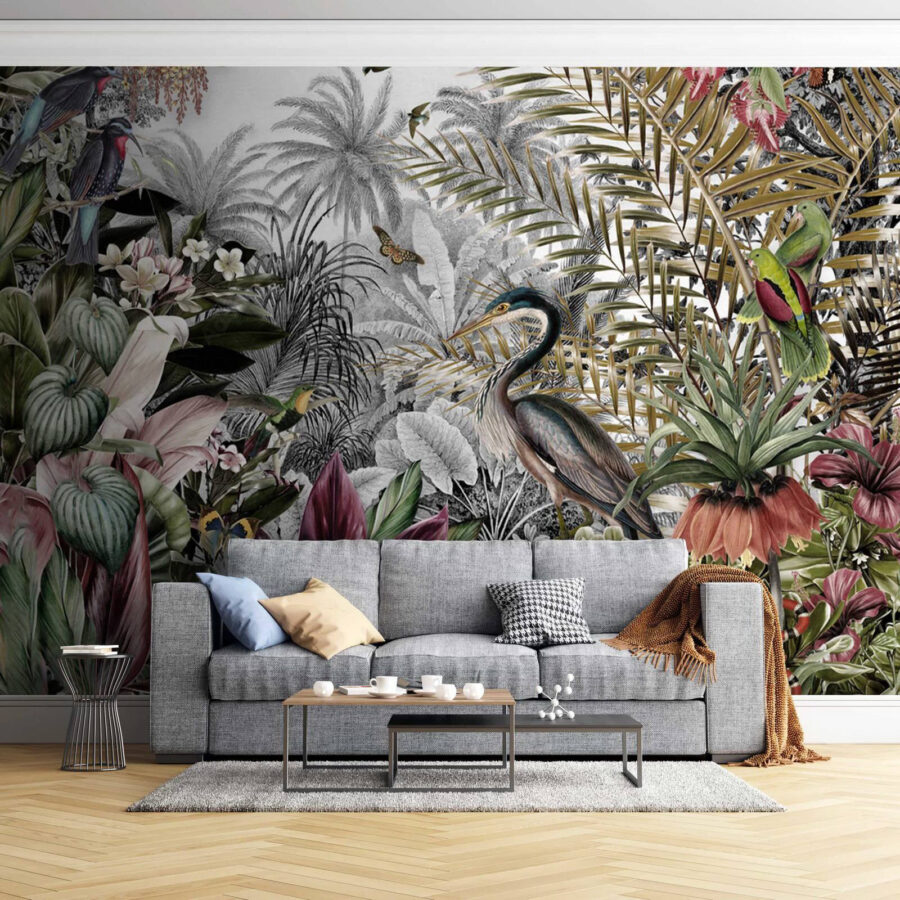 Peinture murale d'oiseaux et de fleurs