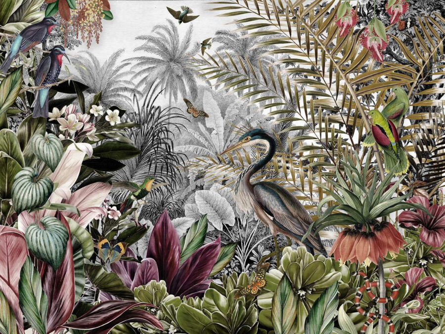 Peinture murale d'oiseaux et de fleurs