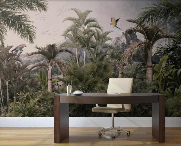 Forêt tropicale avec des palmiers et un oiseau en vol Forêt tropicale avec des palmiers et un oiseau en vol