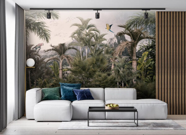 Forêt tropicale avec des palmiers et un oiseau en vol Forêt tropicale avec des palmiers et un oiseau en vol