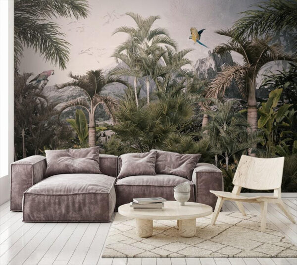 Forêt tropicale avec des palmiers et un oiseau en vol Forêt tropicale avec des palmiers et un oiseau en vol
