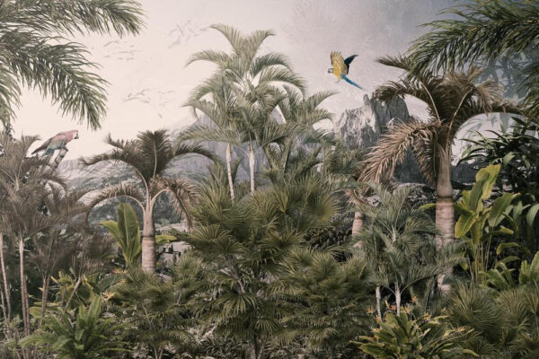 Forêt tropicale avec des palmiers et un oiseau en vol Forêt tropicale avec des palmiers et un oiseau en vol
