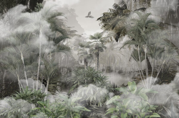Forêt brumeuse avec arbres et oiseaux Forêt brumeuse avec arbres et oiseaux