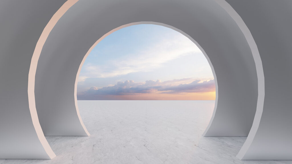 Pièce blanche avec une porte circulaire Pièce blanche avec une porte circulaire