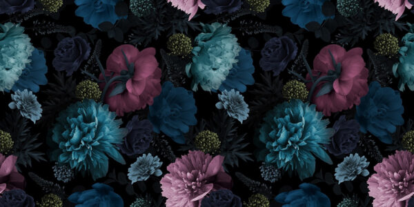 Motif floral vibrant sur fond noir. Motif floral vibrant sur fond noir.