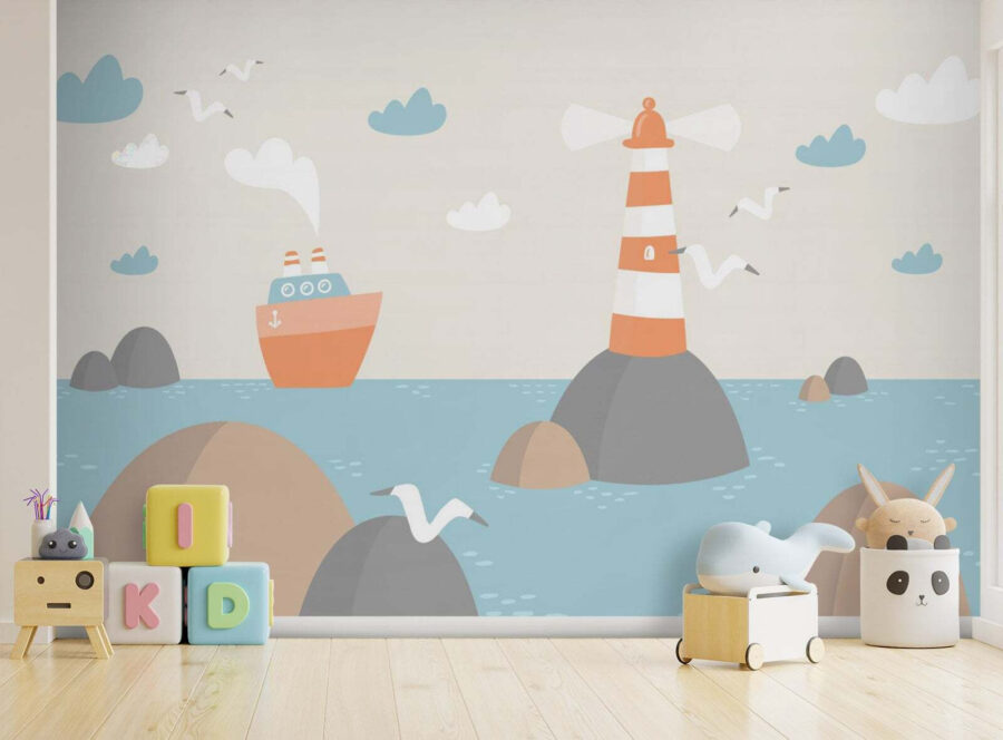 Dessin humoristique d'un phare et d'un bateau