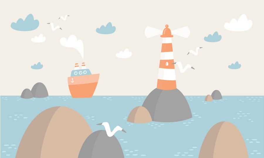 Dessin humoristique d'un phare et d'un bateau