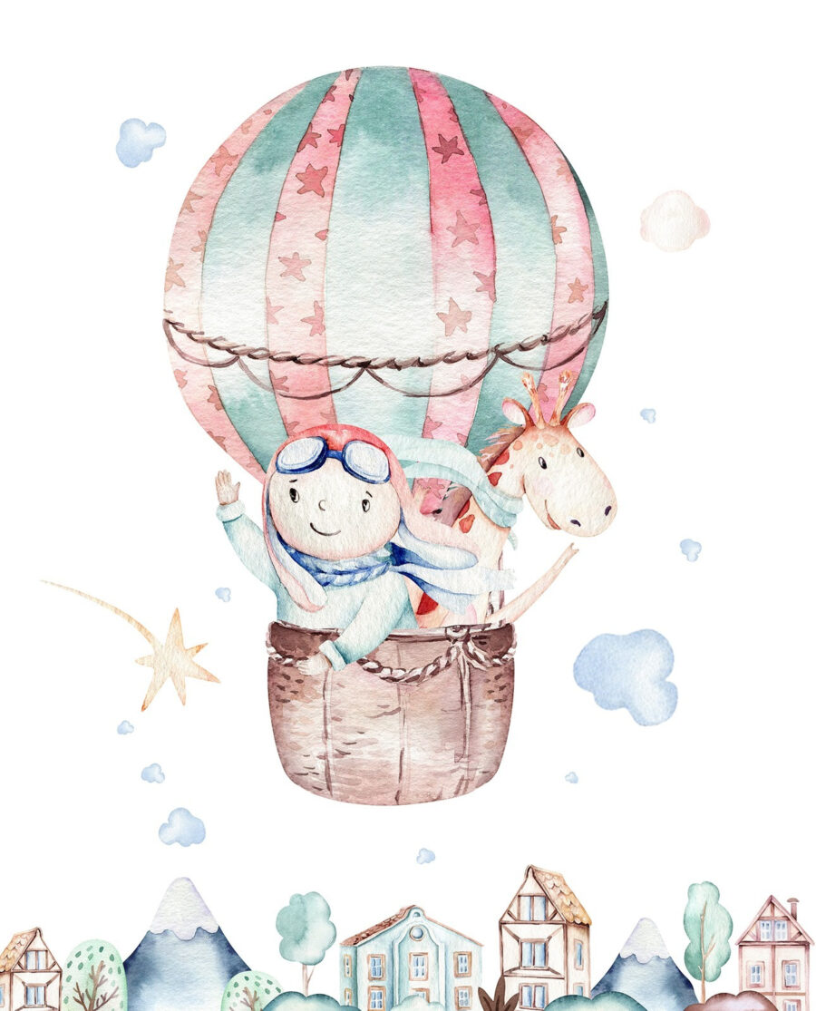 Illustration à l'aquarelle d'une personne dans une montgolfière