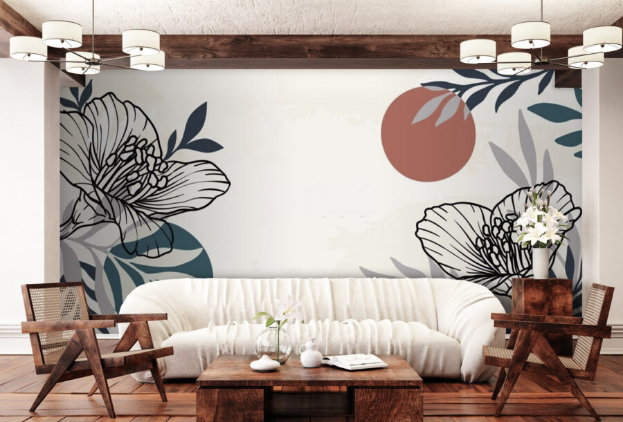 Papier peint Fond blanc avec des fleurs et des feuilles noires et blanches