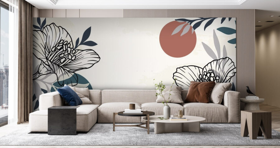 Papier peint Fond blanc avec des fleurs et des feuilles noires et blanches – Image 3