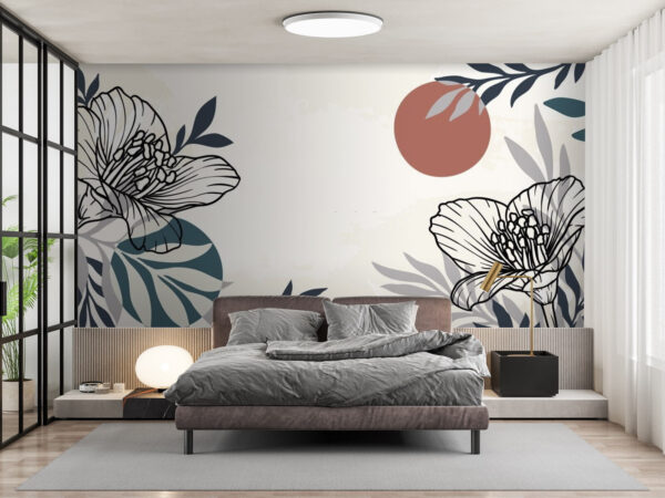 Fond blanc avec des fleurs et des feuilles noires et blanches Fond blanc avec des fleurs et des feuilles noires et blanches