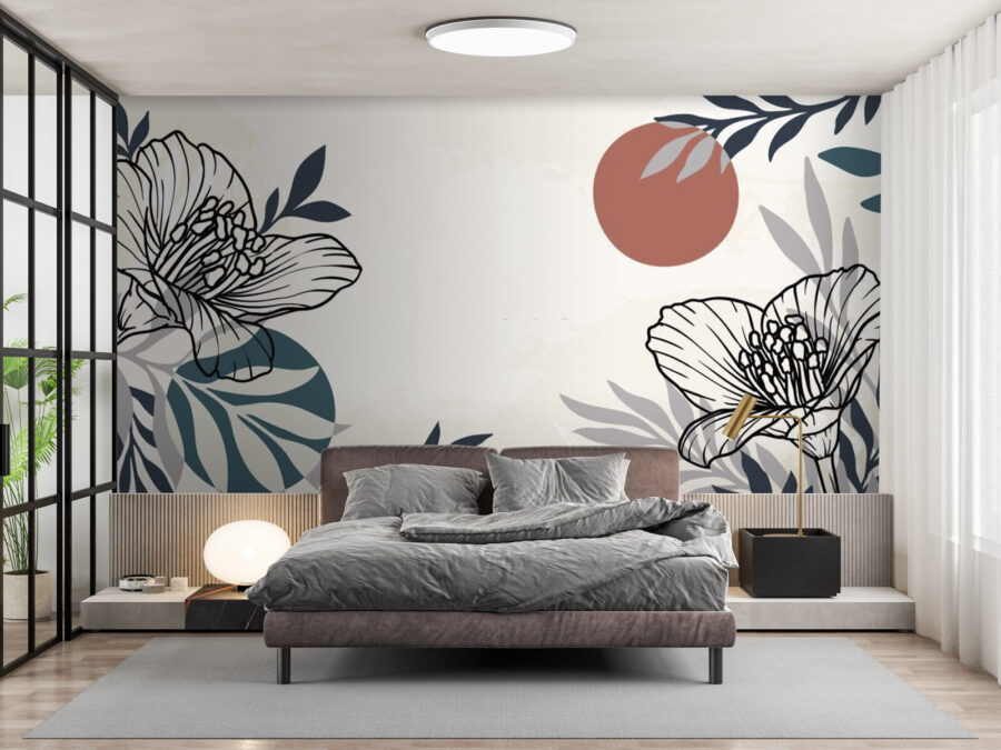 Papier peint Fond blanc avec des fleurs et des feuilles noires et blanches – Image 2