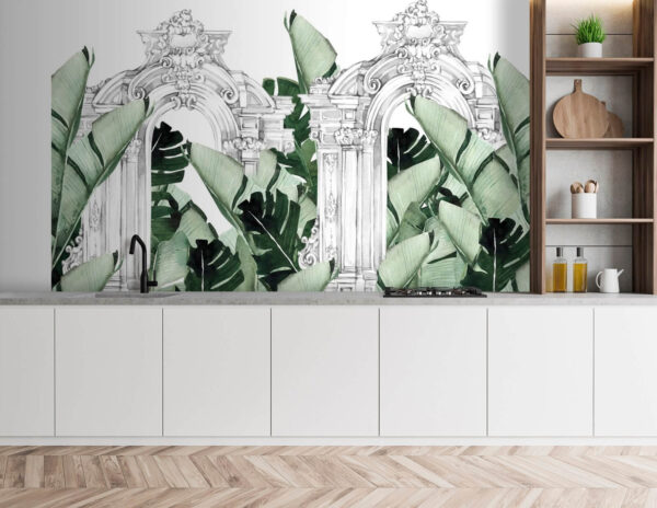 Arcade blanche avec des feuilles vertes Arcade blanche avec des feuilles vertes