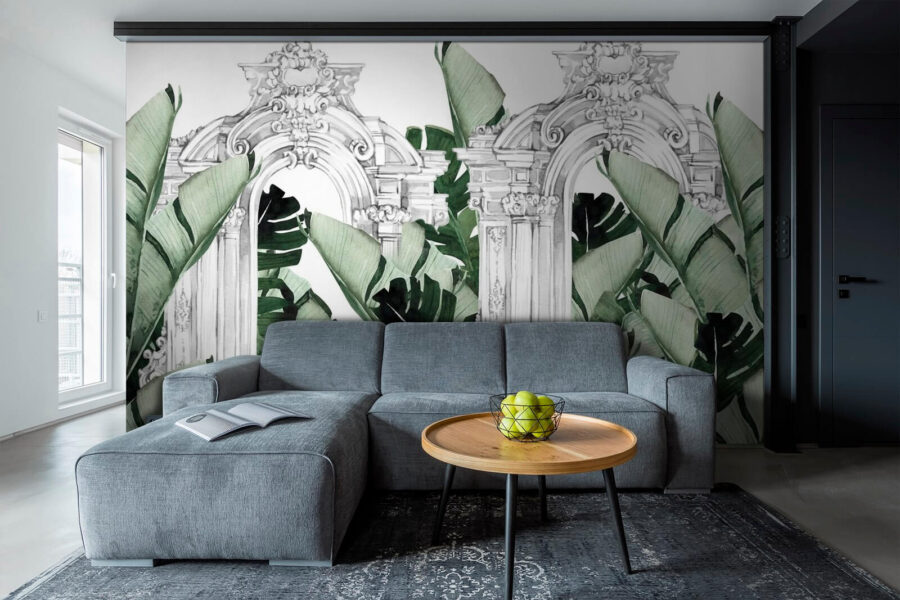 Arcade blanche avec des feuilles vertes