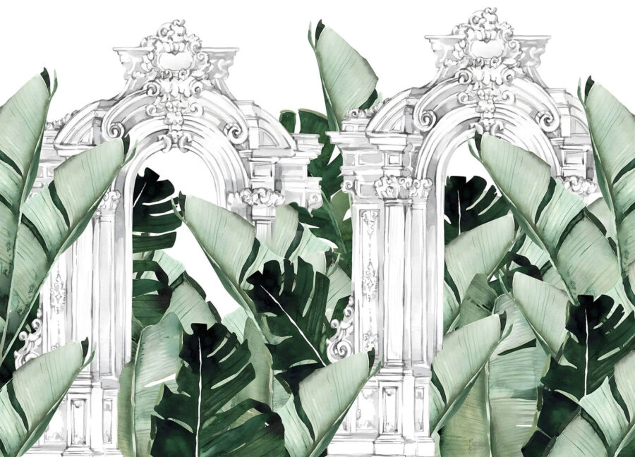 Arcade blanche avec des feuilles vertes