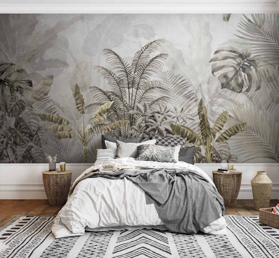 Feuilles tropicales en silhouette douce.