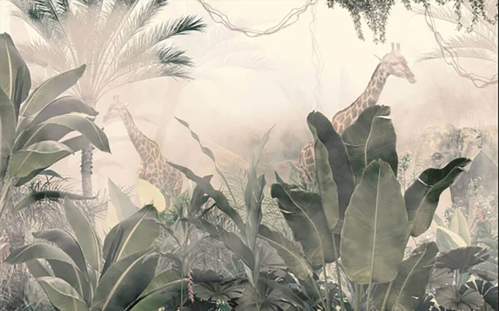 Girafes dans une forêt avec des arbres et des plantes Girafes dans une forêt avec des arbres et des plantes