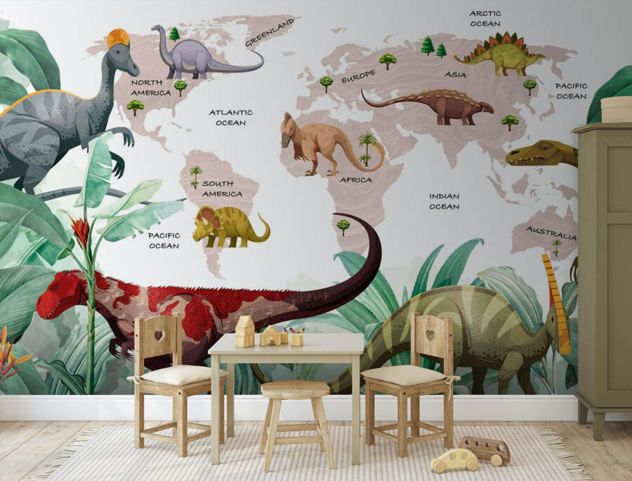 Carte des dinosaures avec plantes et noms