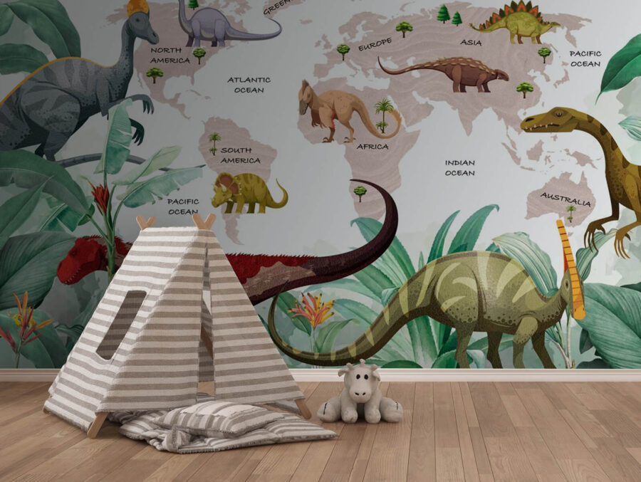 Carte des dinosaures avec plantes et noms