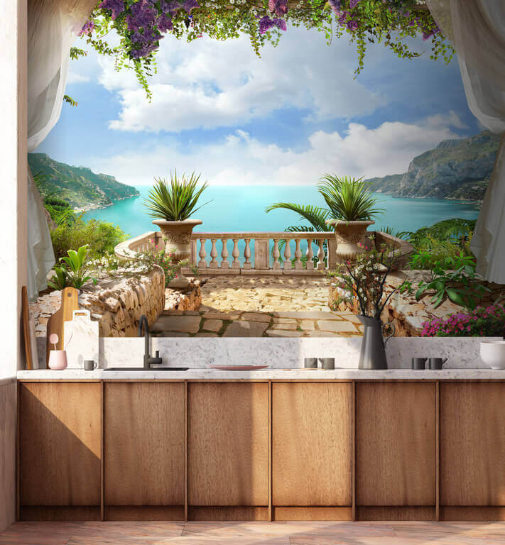 Balcon avec plantes et vue sur l'océan