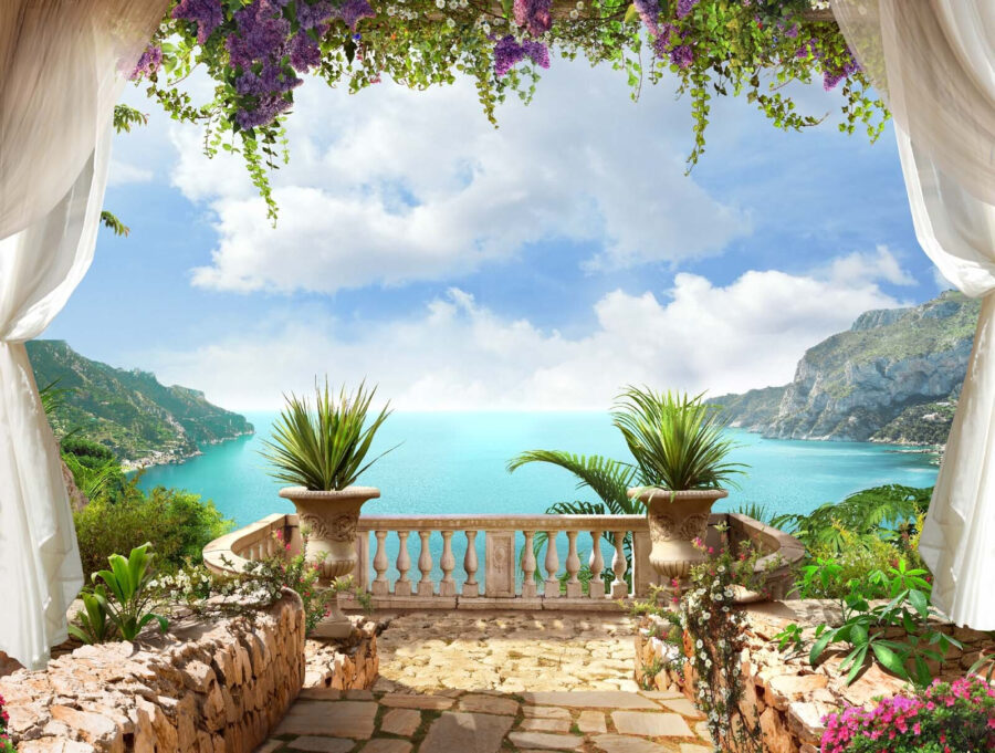 Balcon avec plantes et vue sur l'océan