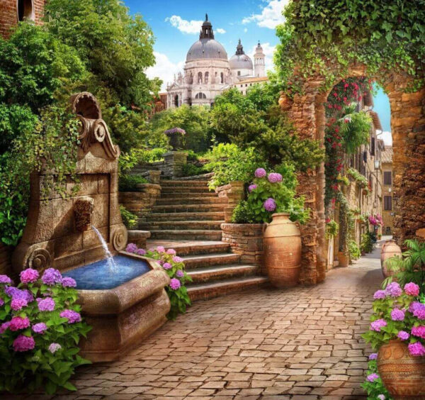 Chemin de pierre avec fontaine, escaliers et fleurs Chemin de pierre avec fontaine, escaliers et fleurs