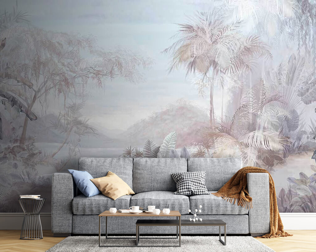 Painting of a landscape with trees and mountains Painting of a landscape with trees and mountains