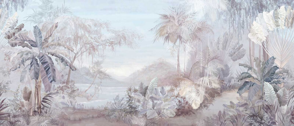 Painting of a landscape with trees and mountains Painting of a landscape with trees and mountains