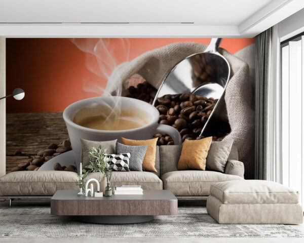 Tasse de café avec de la vapeur et des grains de café Tasse de café avec de la vapeur et des grains de café