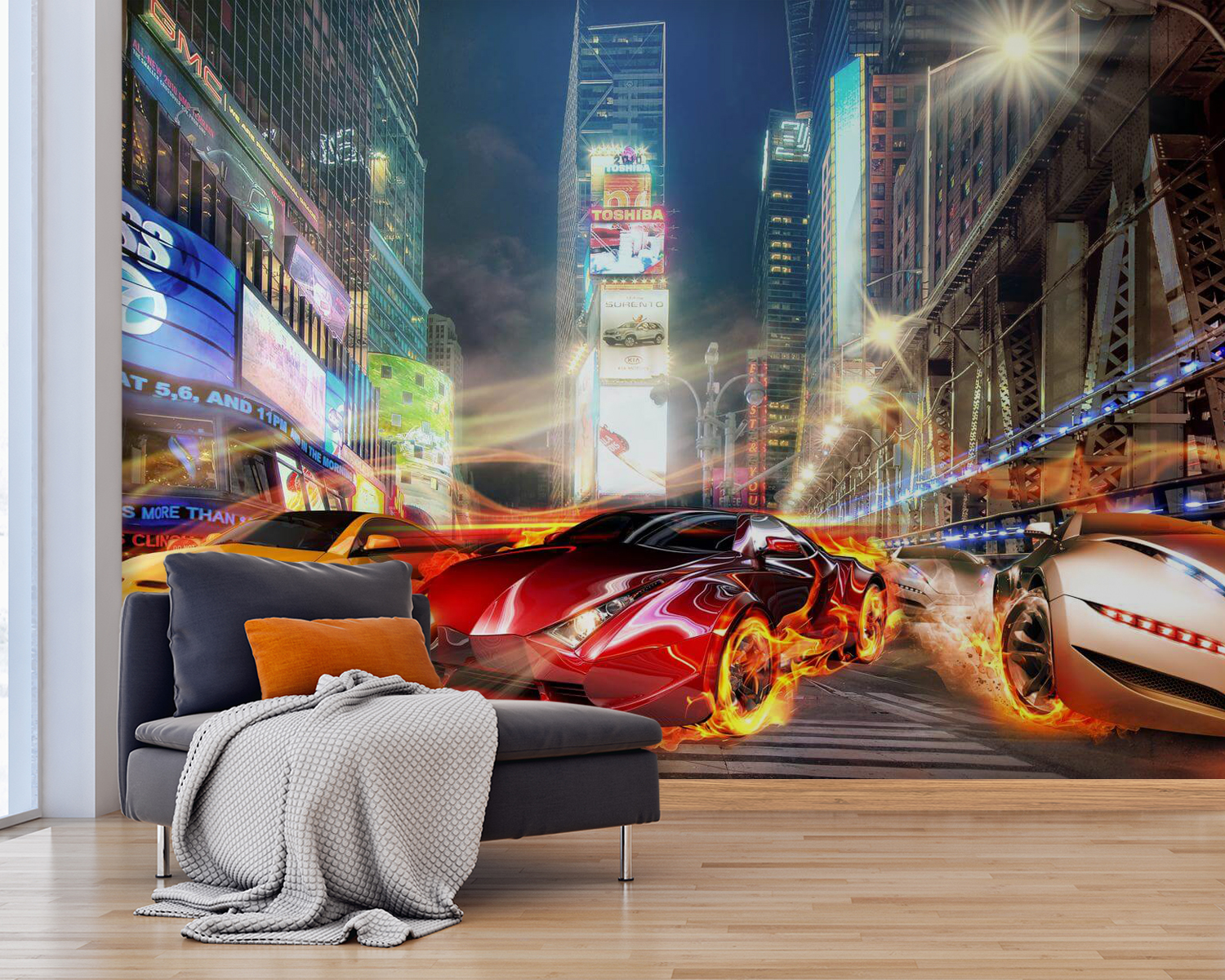 Car on fire in a city Car on fire in a city