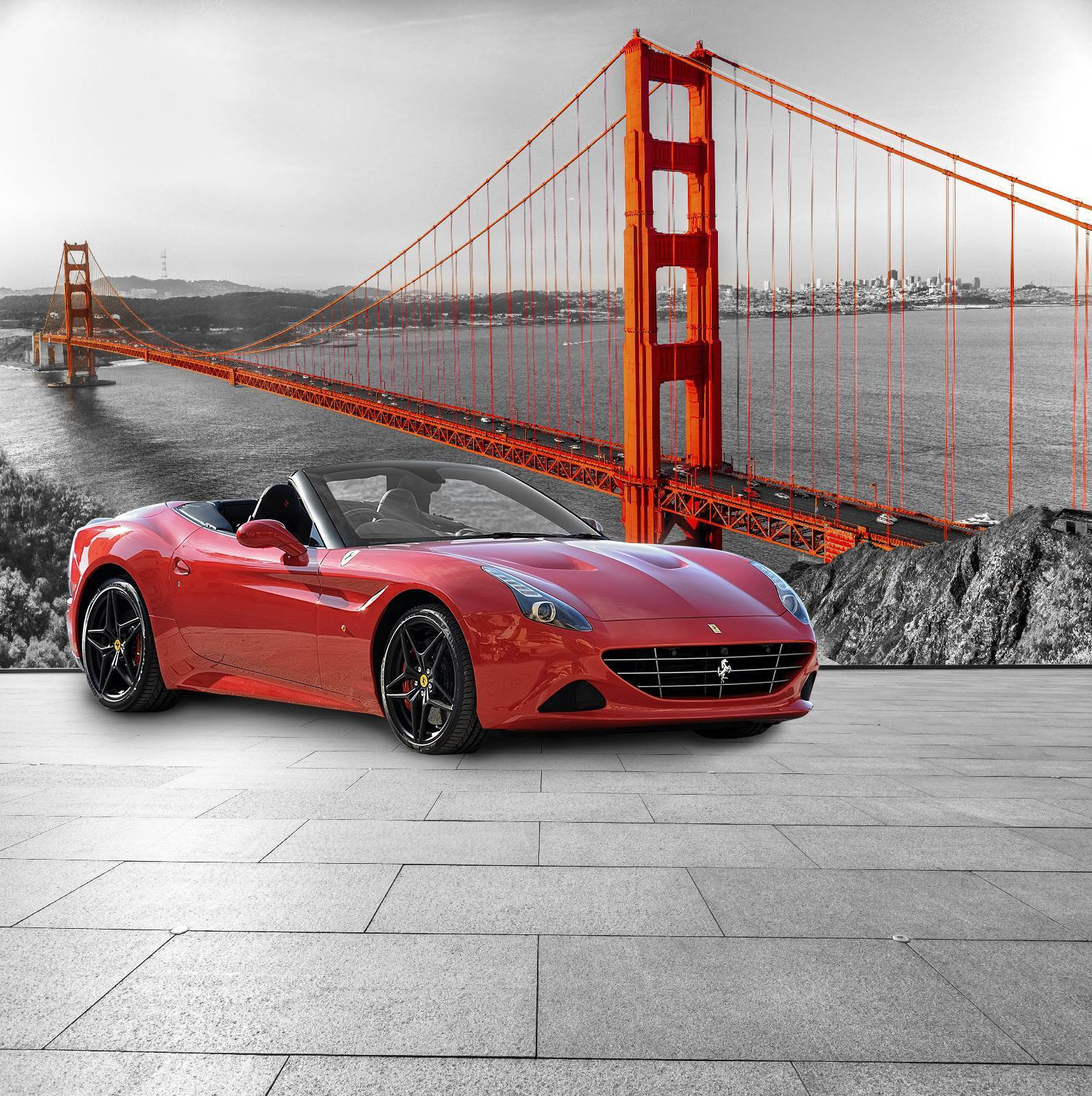 Voiture de sport rouge sur une route avec un pont en arrière-plan u64433p - Voiture de sport rouge sur une route avec un pont en arrière-plan - tegory