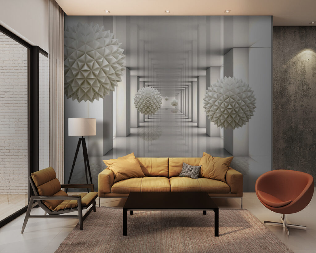 White room with white columns and white balls White room with white columns and white balls