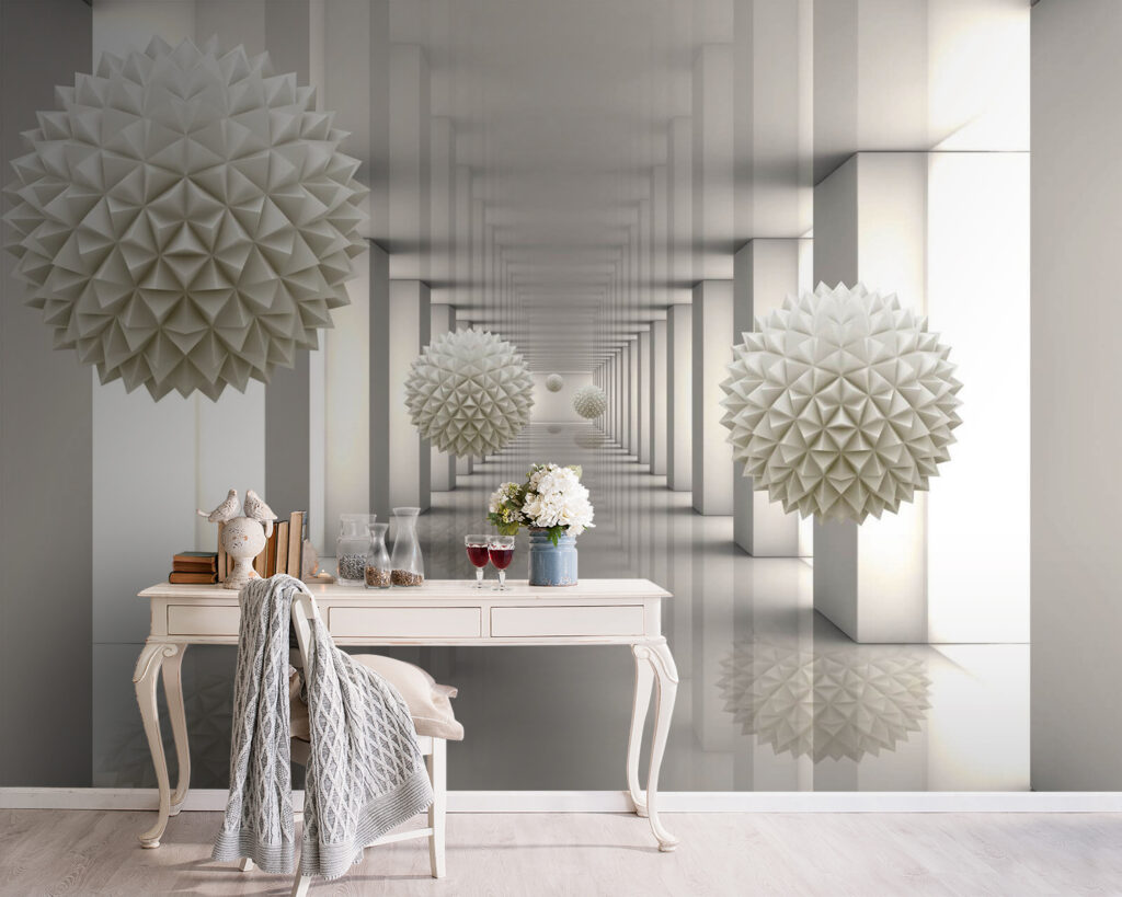 White room with white columns and white balls White room with white columns and white balls